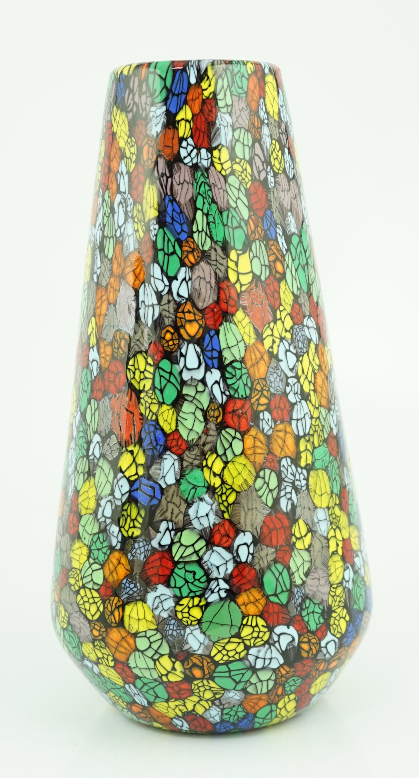 Vittorio Ferro (1932-2012) A Murano glass Murrine vase, the conical body with a multicoloured design, signed, 29cm., Please note this lot attracts an additional import tax of 20% on the hammer price